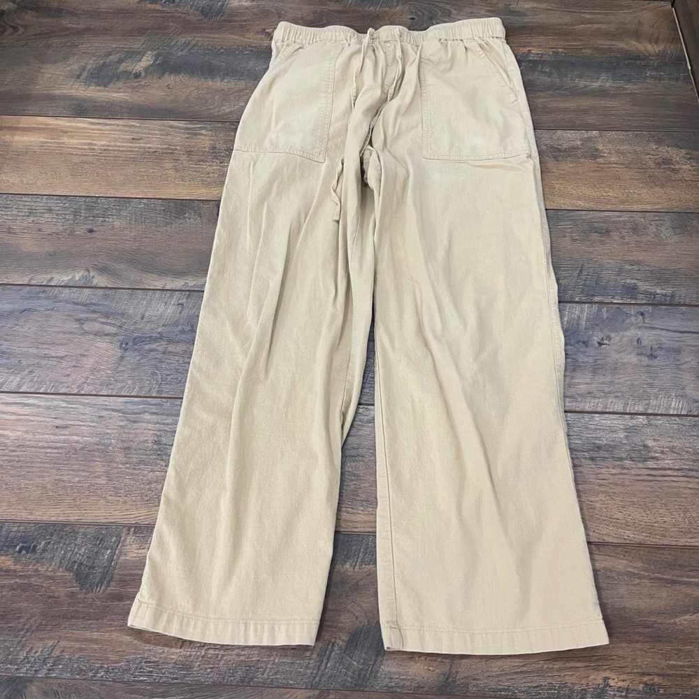 Cotton Linen Blend Wide Leg Drawstring Pants Tan Khaki Medium Coastal Travel
